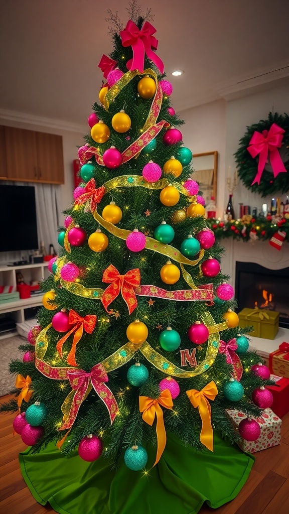 A colorful Christmas tree decorated with pink, yellow, and green ornaments, lights, and ribbons in a festive living room.